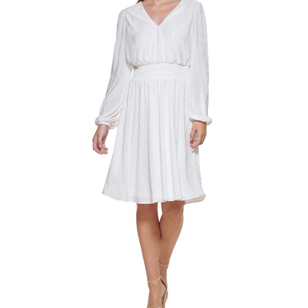 Kensie Women's White V-Neck Long Sleeves A-Line Dress Sz#12 Mini Pleated Knit